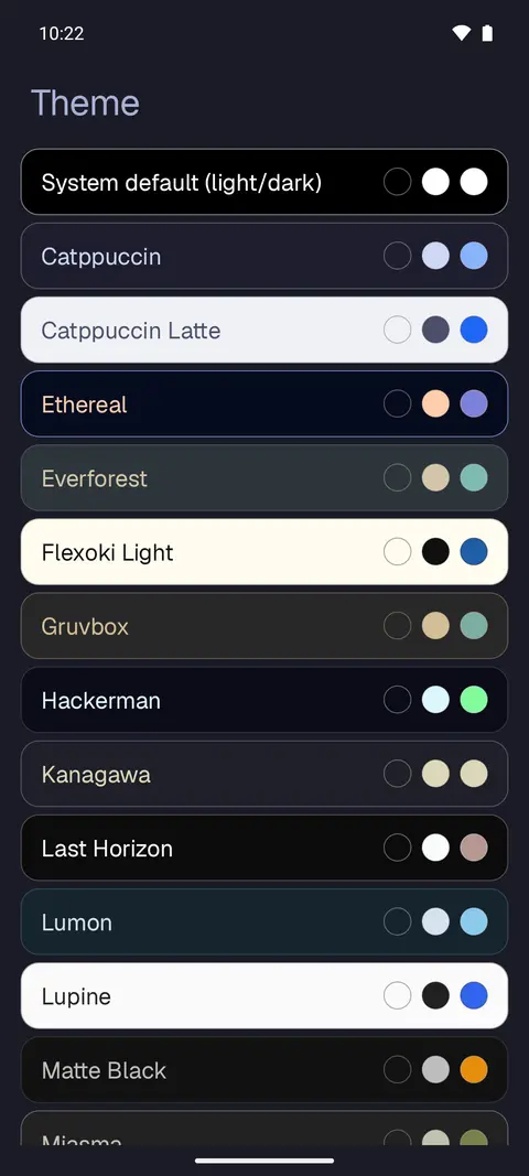 Yoke home screen in several Omarchy themes